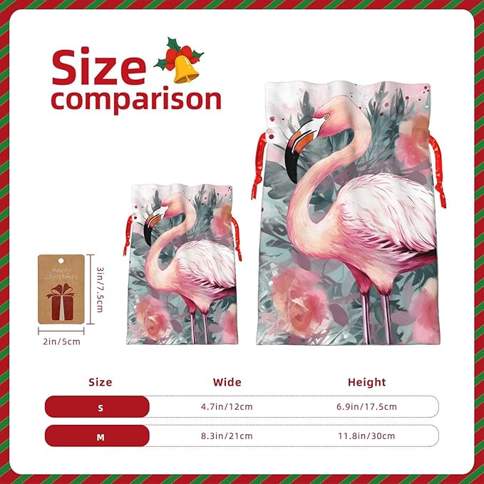 QSMJKLD Drawstring Christmas Gift Bags Vintage Boho Flamingo Florals Gift Bag Burlap Xmas Candy Pouch Reusable Christmas Wrapping Bag Xmas Party Favor Bags for Holiday Wrapping Presents Medium