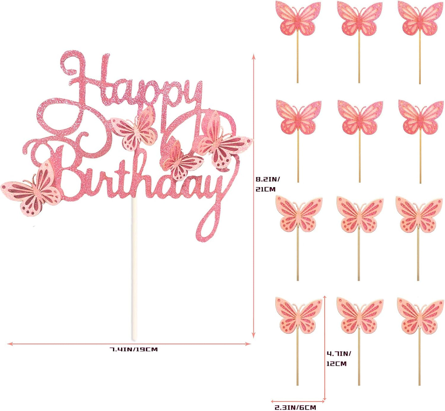 13-Pieces Pink Butterfly Cake Toppers 3D Butterfly Cupcake Topper for Girls Women's Happy Birthday Cake Topper Butterfly Birthday Cake Decorations Butterfly Party Decorations (Pink)