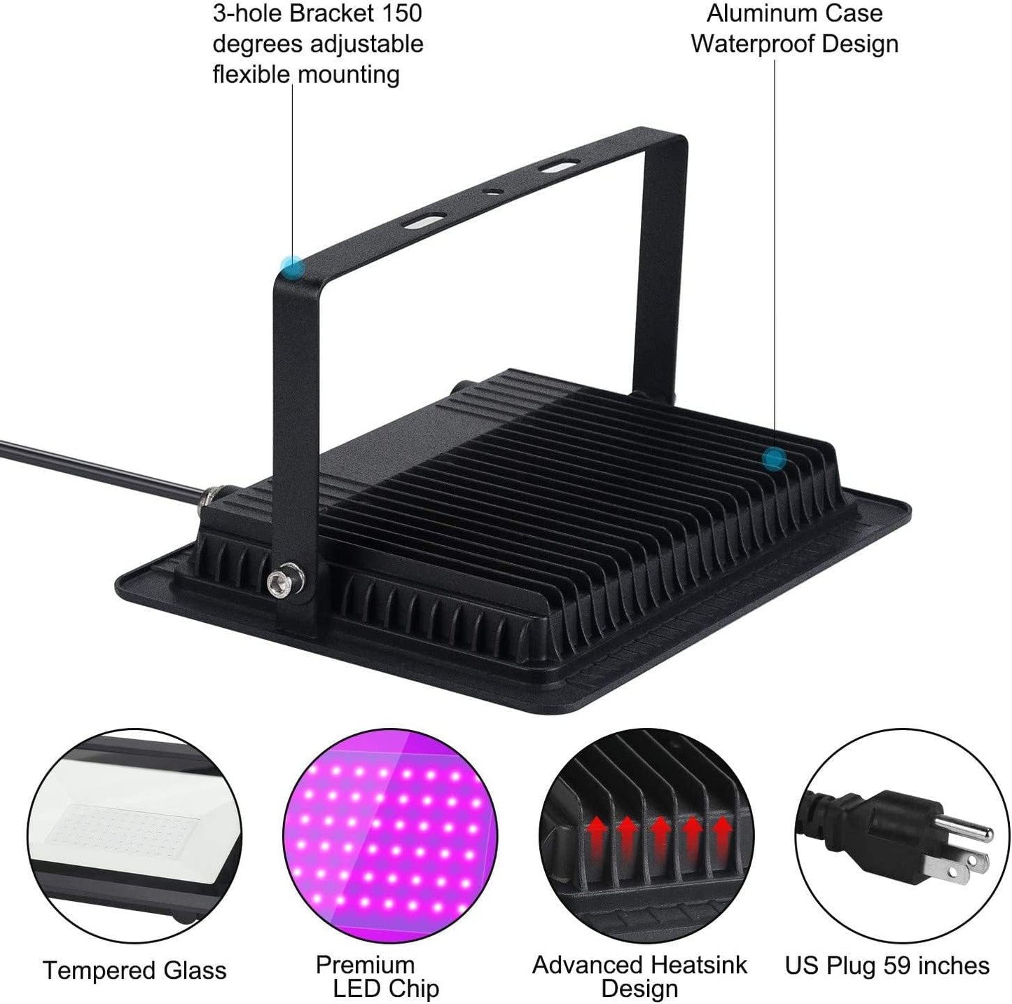 Black Lights HWay 200W LED Black Purple Lights Flood Light with Plug(6ft Cable) for Blacklight Party, Stage Lighting, Aquarium, Body Paint, Fluorescent Poster, Neon Glow in The Dark Night