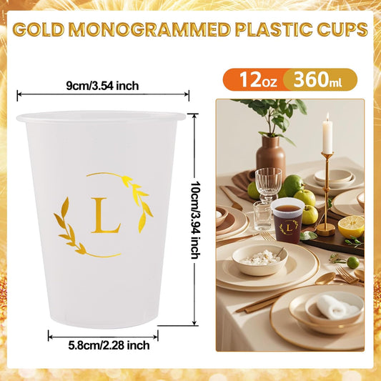 100 Monogrammed Cups Disposable Initial Plastic Cup 12 oz Wedding Personalized Cup for Wedding Reception Baby Shower Birthday Party(Letter L)