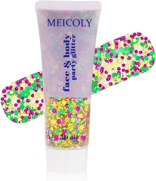 MEICOLY Mardi Gras Face Glitter,Mardi Gras Outfit for Women Kids,Mardi Gras Accessories for Carnival,Gold Green Purple Mixed Chunky Glitter,Rave Festival St Patricks Day Glitter for Face/Body/Hair