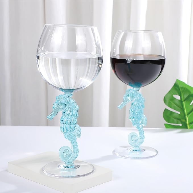 Supreme Housewares Seahorse Stem Wine Glasses, Blue Seahorse-Shaped Reusable Shatterproof Acrylic Glass for Red or White Wine, Poolside, Outdoors, Parties, 18 oz, Set of 2