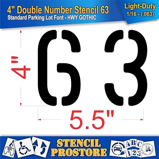 Pavement, Curb, and WheelStop Stencils - 4 inch Double Number Stencil - (63) - 4" x 5.5" x 1/16" (63 mil) - Light-Duty