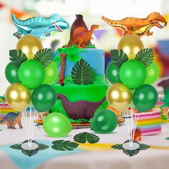 6 Sets Jungle Safari Balloon Stand Kit for Table Gold Green Balloons Dinosaur Party Tables Centerpiece with Palm Leaves for Animal Wild One Birthday Baby Shower St Patricks Day Party Supplies