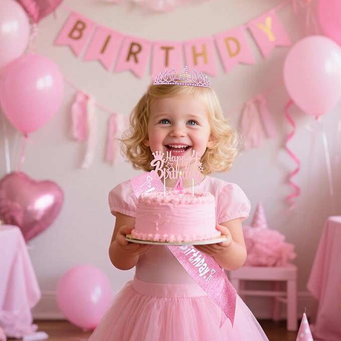 4th Birthday Decorations for Girls - Pink Birthday Crown, Glitter Sash, Number 4 Candles and Cake Toppers for Girls 4 Year Old Party Supplies Outfit Gift