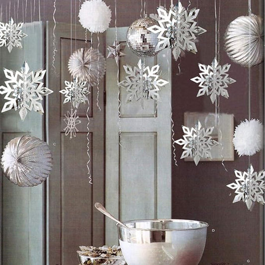 24Pcs Snowflake Christmas Hanging Party Decor Supplies,12 PCS 3D Silver Snowflakes & 12PCS 3D White Paper Snowflakes Hanging Garland for Christmas Winter Holiday New Year Wonderland Party Decoration