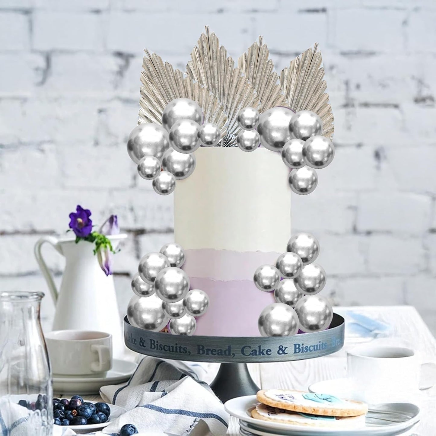 Ephlyn 28Pcs Paper Palm Fan Cake Topper Balls Cake Pick for Baby Shower Wedding Bridal Shower Birthday Party DIY Party Cake Decorations Supplies Silver