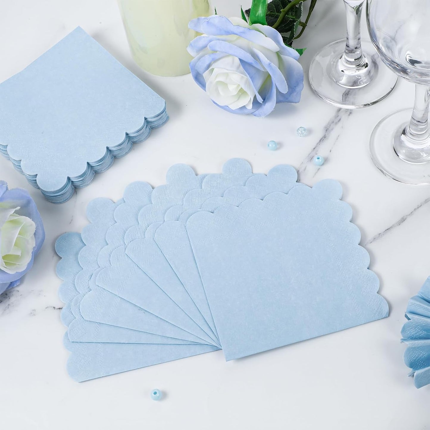 120 Pcs Cocktail Napkins Light Blue Napkins Boy Baby Shower Napkin Disposable Scalloped Blue Beverage Dessert Napkin for Birthday Wedding Baby Bridal Shower, 5 x 5 Inch