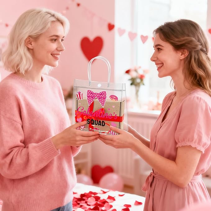 H1vojoxo Galentine's Day Gift Bags - 24PCS Galentine Clear PVC Gift Bags with Handle 7.9x3.2x7.9 Inches Reusable Galentine Goodie Tote Bag Be My Galentine Gift Wrap Bag for Valentine’s Day Party Favor