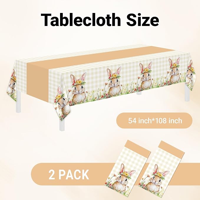 Childom 2 Pack Easter Tablecloth,Easter Decorations 54" x 108" Disposable Plastic Tablecloth,Bunny Table Cloth Checkered Decorations,Plastic Table Cover for Party Supplies,Indoor,Outside,Home,Dinner