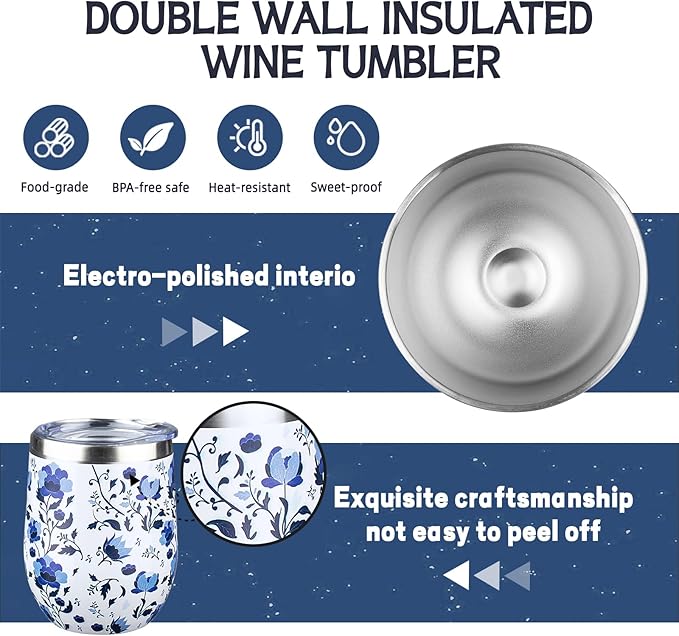 12 oz Insulated Wine Tumbler with Lid and Straw,Stainless Steel Stemless Wine Tumbler Glasses Double Wall Vacuum Wine Cups Tumbler Bulk for Coffee,Cocktail,Office (Blue and White Porcelain,8)