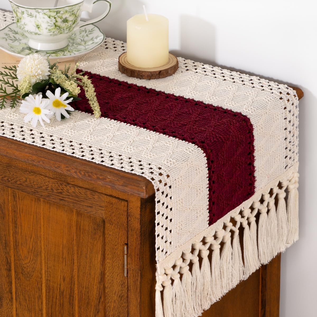 Socomi Boho Table Runner Fall Thanksgiving Farmhouse Rustic Dining Kitchen Centerpiece Decor Small Macrame Woven Cotton Linen Coffee Table Runner for Dresser Scarf Home Decor 12x48 in Burgundy Ivory