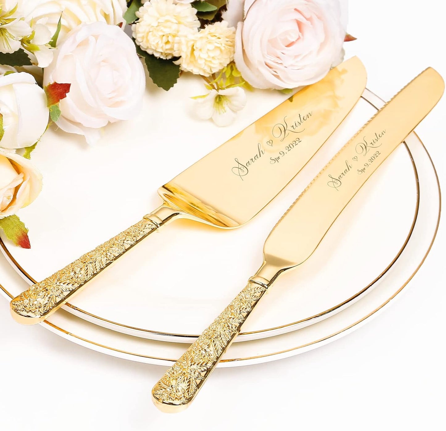 Wedding Cake Knife and Server Set, Personalized Gold Cake Cutting Set for Wedding, Engraved Classic Cake Knives Cutter Set, Pie Server, Birthday Bridal Quinceañera Gift (CUS-Flower)