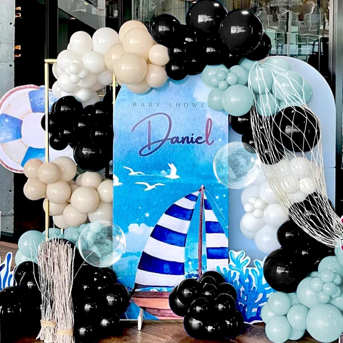 Macaron Blue and Black Balloons Arch Kit & Garland, 151Pcs Light Blue Black Bobo Different Size 18 12 10 5 inch for Boss Baby, Graduation, Birthday, Gaming Party Decorations