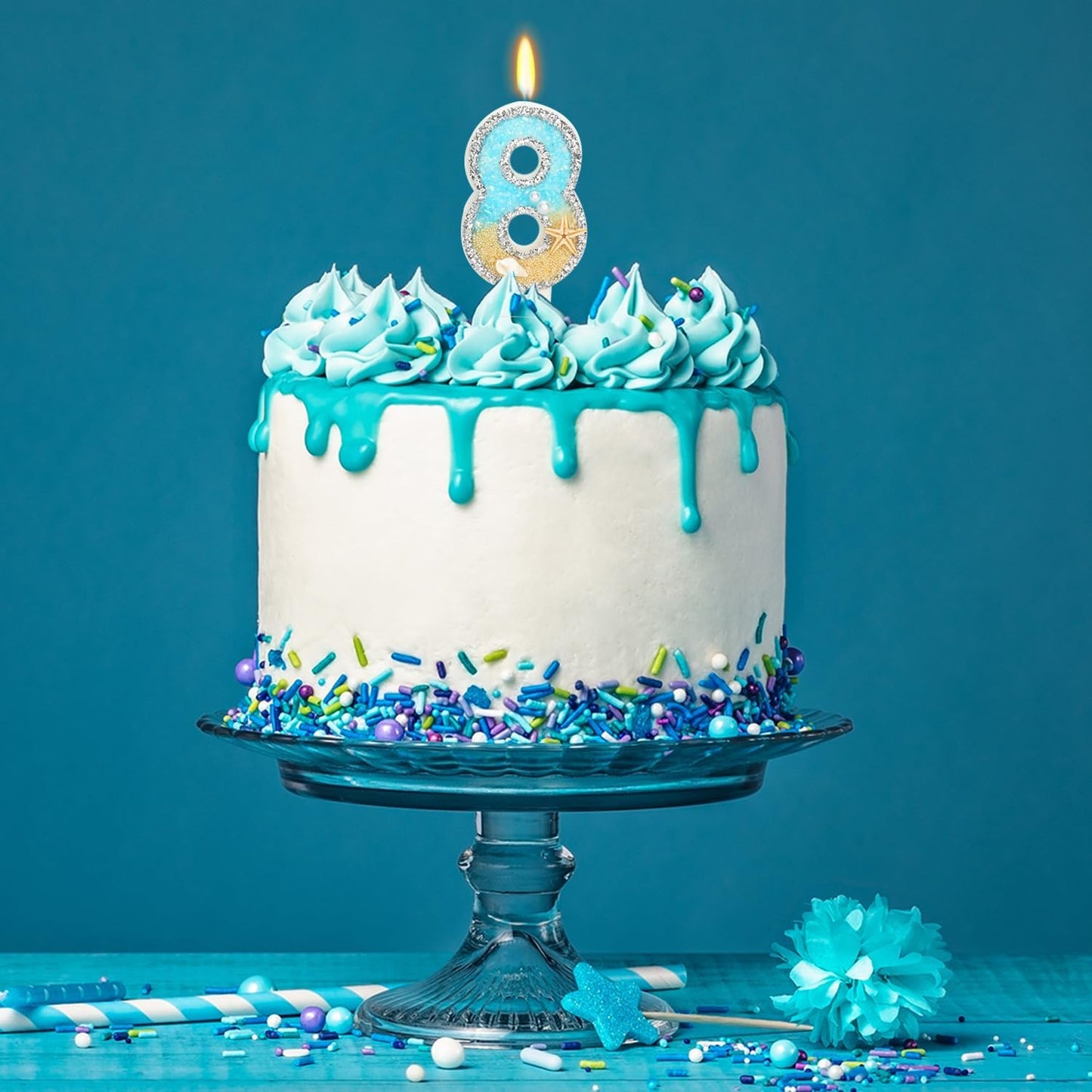 8th Birthday Candle for Cake, Beach Starfish Sequins Candles, 2.76 inch Cake Topper Decoration for Birthday Party (Number 8)