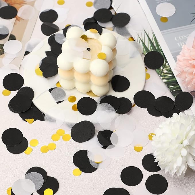 TecUnite Black White Gold Confetti Round Tissue Paper Table Confetti Dots for Wedding Birthday Party Decoration Arts Craft DIY Scrapbooking, 1.76 oz (2.5 cm)
