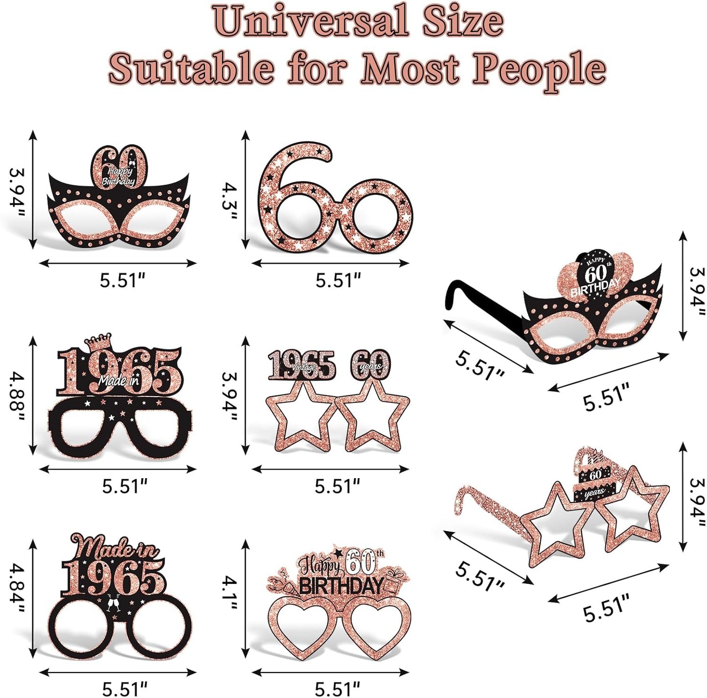24Pcs 1965 60th Birthday Paper Glasses Decorations for Women - Rose Gold Happy 60th Birthday Paper Eyeglasses Photo Props Gifts, Vintage 1965 60 Years Old Birthday Party Supplies