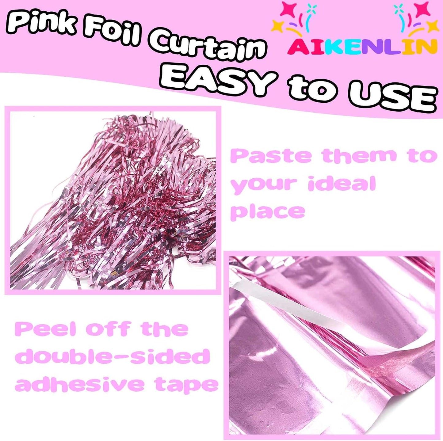 4 Pack 3.3Ft x 6.6Ft Pink Foil Fringe Curtain Backdrop, Metallic Tinsel Foil Fringe Streamers Curtains Background for Photo Booth, Birthday, Wedding, Halloween, Christmas Party Decoration