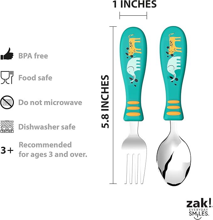 Zak Designs 5-Piece Dinnerware Set, Safari - Durable Plastic & Stainless Steel - Includes Water Bottle, 8-Inch Plate, 6-Inch Bowl, Fork & Spoon - Suitable for Kids Ages 3+