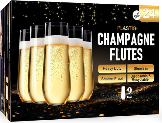 Guanqiao 24 Pack Stemless Plastic Champagne Flutes, 9 oz Clear Disposable Plastic Glasses, Heavy Duty Shatterproof Recyclable Mimosa Glasses for Party Wine Tasting Wedding New Years Eve Party Supplies