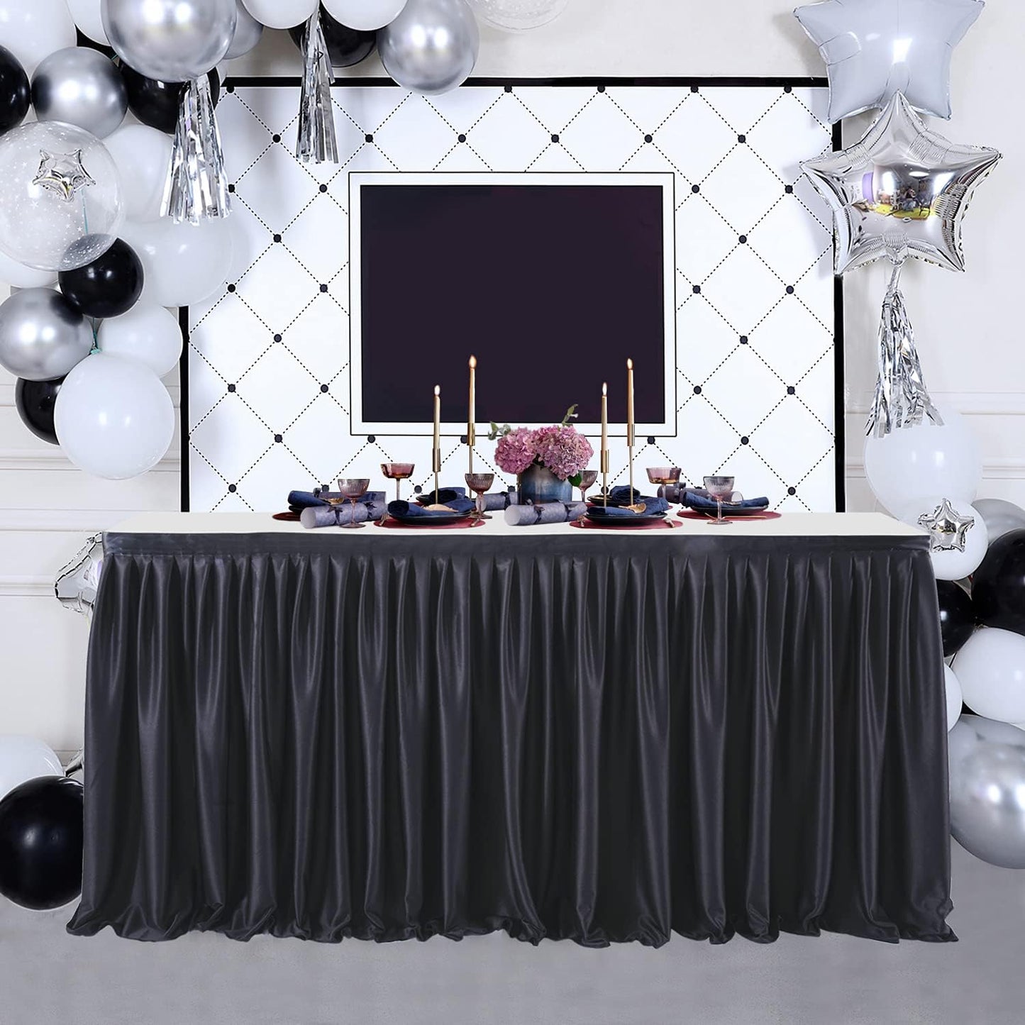 12ft Black Table Skirts for Rectangle Tables Polyester Table Skirt Desk Skirts Ruffle Tablecloth Skirt for Birthday Party Banquet Black Theme Party Wedding Bridal Shower Table Decorations