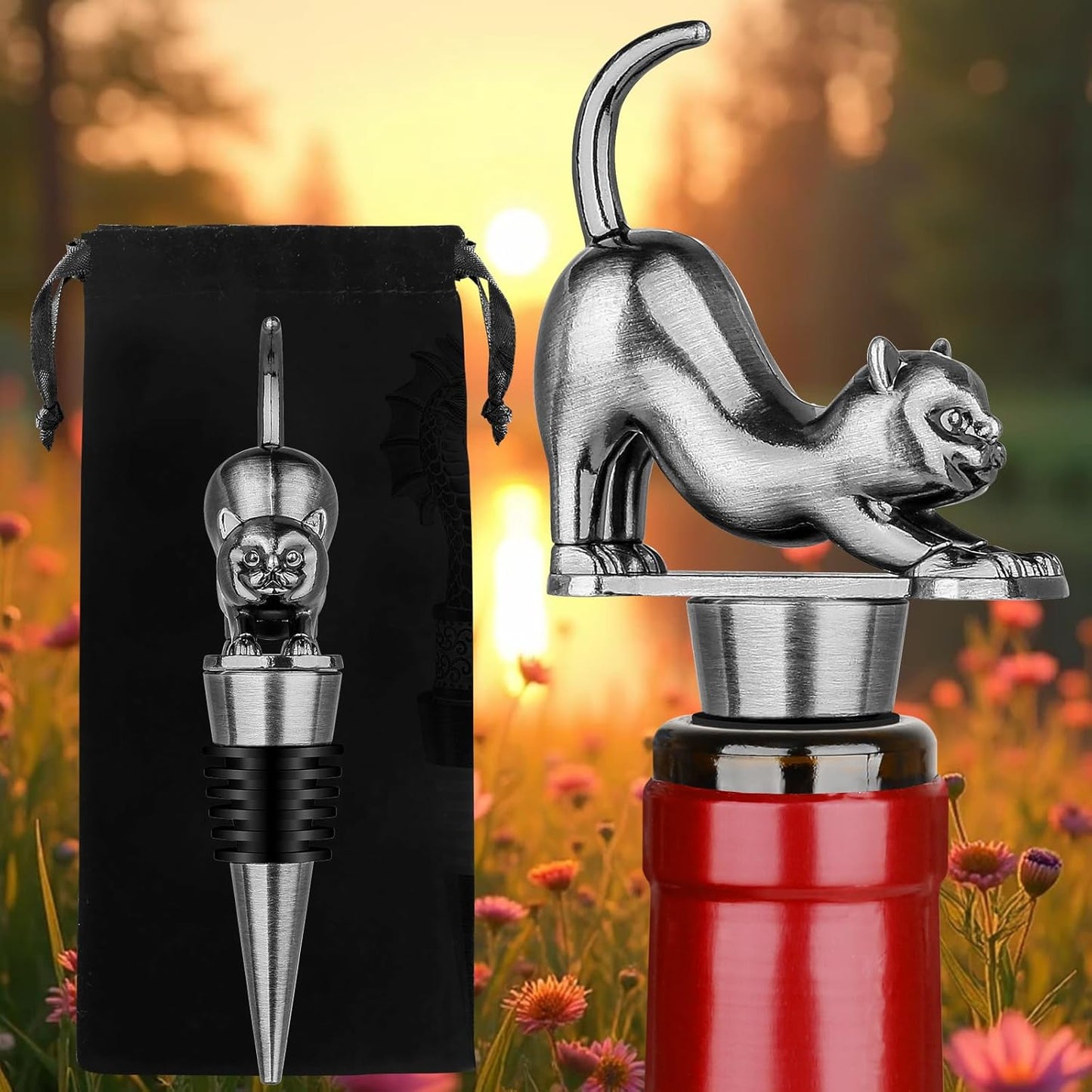LKKCHER Cat Wine Bottle Stopper, Cat Decorative Gifts for Kitty Lovers Women Men, Birthday Fathers Day Christmas Gifts for Women Men, Silver Wine Saver with Bag