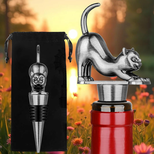 LKKCHER Cat Wine Bottle Stopper, Cat Decorative Gifts for Kitty Lovers Women Men, Birthday Fathers Day Christmas Gifts for Women Men, Silver Wine Saver with Bag
