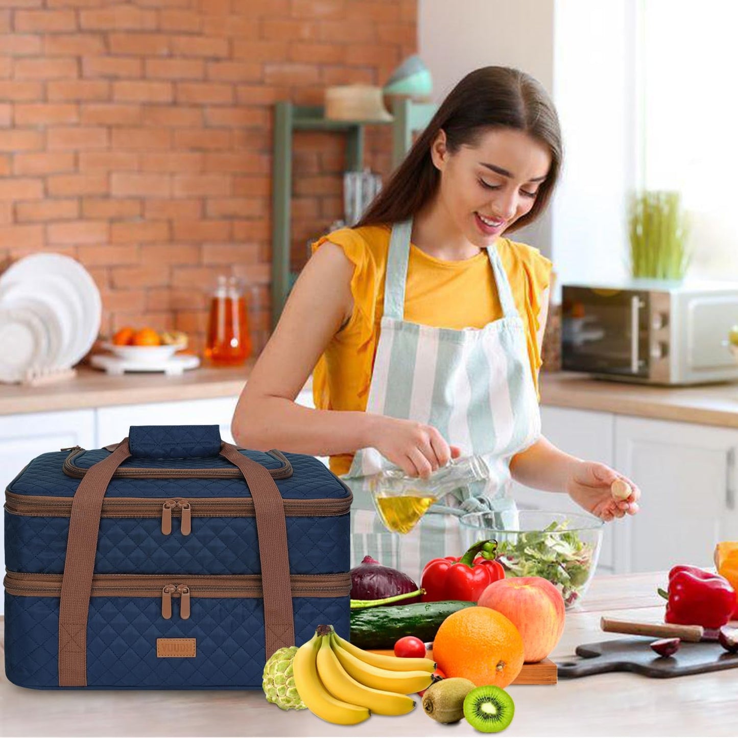Vuudh Quilted Insulated Double Casserole Carrier - Thermal Lunch Tote for Potluck Parties, Picnic, Beach, Fits 9 x 17 Inches Baking Dish, Casserole Dish, Expandable (Blue)