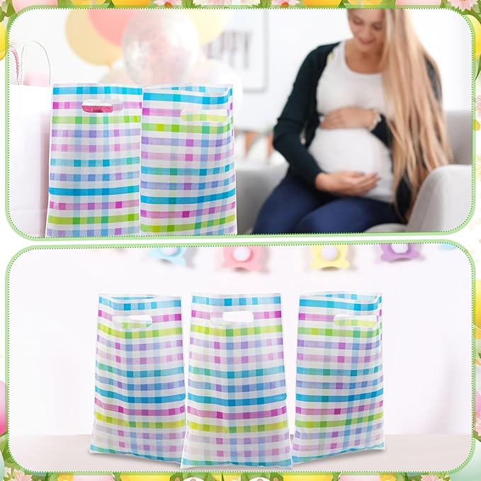 Epakh 100 Pcs Easter Checkered Gift Bags Bulk Plastic Goody Bags with Handles Pastel Rainbow Color Plaid Candy Gift Bag for Easter Baby Shower Spring Birthday Ice Cream Party Supplies