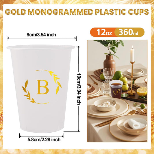 100 Monogrammed Cups Disposable Initial Plastic Cup 12 oz Wedding Personalized Cup for Wedding Reception Baby Shower Birthday Party(Letter B)