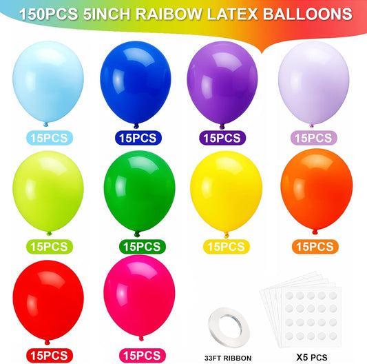 150 pcs Rainbow Latex Balloons, 5 inches Assorted color ballons, Round Helium Bright Color Balloons for Birthday Baby Shower Wedding Party Decorations