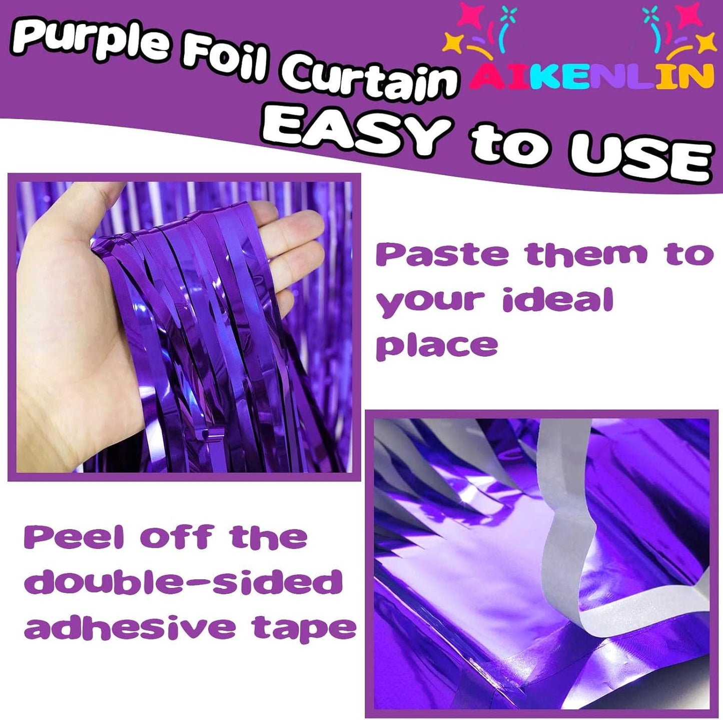 4 Pack 3.3Ft x 6.6Ft Purple Foil Fringe Curtain Backdrop, Metallic Tinsel Foil Fringe Streamers Curtains Background for Photo Booth, Birthday, Wedding, Halloween, Christmas Party Decoration