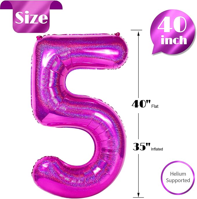 Laser Hot Pink 5 Balloon, Number Balloons 40 Inch, 5th Birthday Balloon Decorations, Laser Hot Pink Party Supplies, 5 Number Balloons, Number 5 Balloon