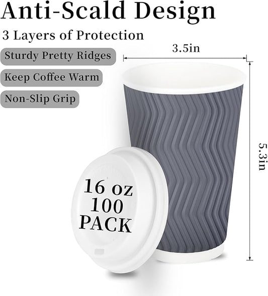 100 Set - 16 oz Coffee Cups with Lids, Disposable Insulated Corrugated Paper Cups, Double Wall Ripple To Go Cups for Hot Drinks, Chocolate, Cocoa (Grey)