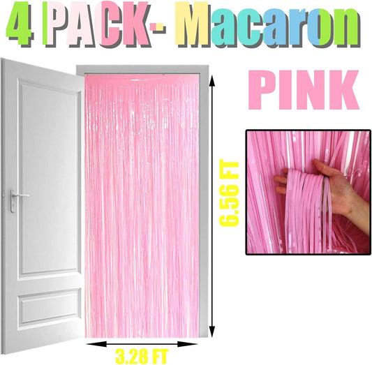 4 Pack Pink Foil Fringe Curtain Backdrop, 3.28Ft x 6.56Ft Metallic Tinsel Foil Fringe Streamers Curtains for Photo Booth, Wedding, Thanksgiving, Birthday, Christmas, Halloween Party Decoration