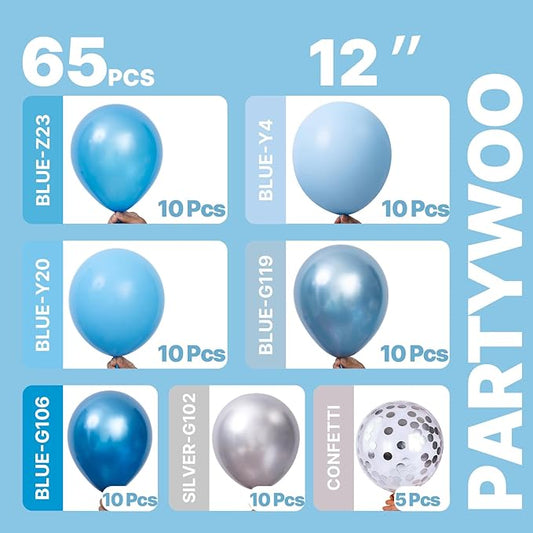 PartyWoo Blue and Silver Balloons 65pcs 12 Inch Light Pastel Baby Metallic Pearl Blue Metallic Chrome Silver Confetti Balloons for Gender Reveal Wedding Baby Shower Birthday Party Decorations