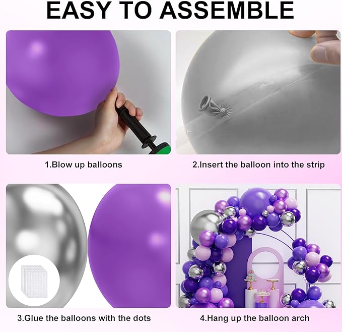 Purple Balloon Garland Arch Kit, 134PCS Purple and Silver Balloons with Different Size for Birthday, Wedding, Baby Shower Decorations