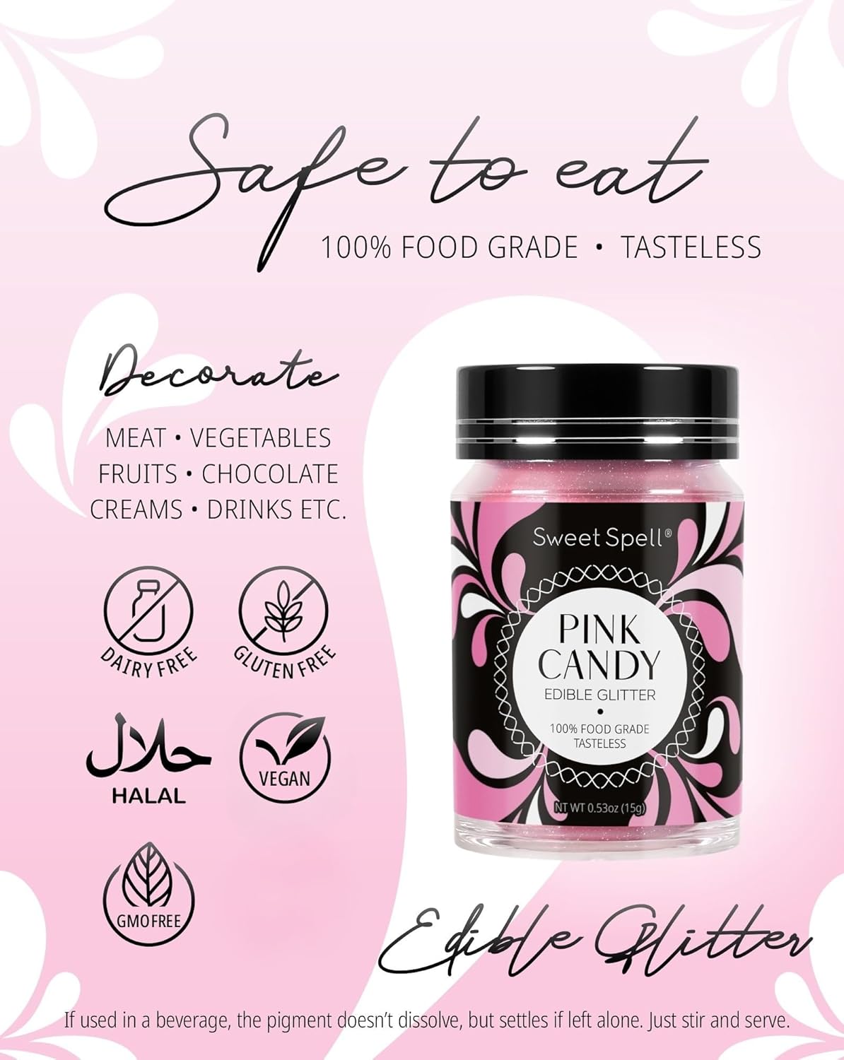 Sweet Spell Edible Glitter (15g) - Shimmer Sparkles for Drinks, Cakes, Cocktails - 100% Edible & Food Grade Glitter, Vegan, Gluten-Free (Pink Candy)