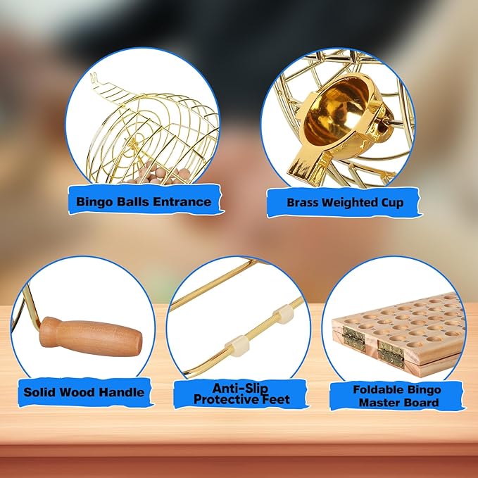 GSE Games & Sports Expert Deluxe Bingo Game Set with Large Brass Cage, 10 Shutter Slide Bingo Cards, Wood Master Board & 7/8" Calling Balls for Large Groups, Parties, Game Night