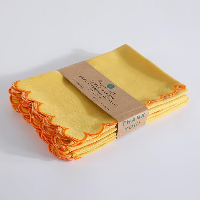 FINGERCRAFT Cloth Napkins, Everyday Use Reversible Scallop Design, Premium Quality Cotton Linen Blend Napkin Set of 6 Perfect for Parties Dinners Weddings Easter Napkin Cloth 20x20 Inch Gold