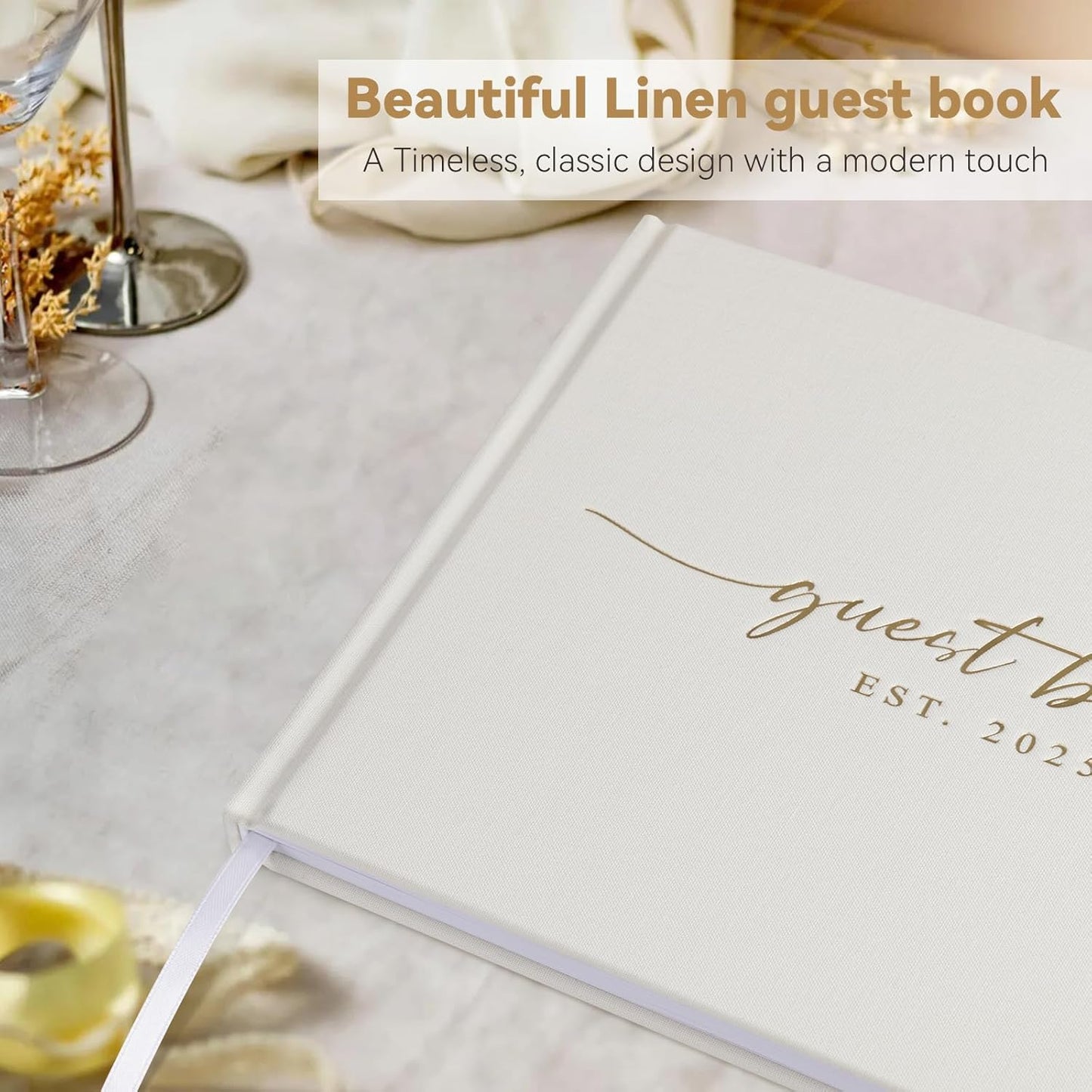 Wedding Guest Book with Personalized 2025 Year - Linen Photo Guest Book for Wedding Reception Bridal Shower Guests to Sign - 100 Pages Blank and Lined Acid Free Paper (Beige,)