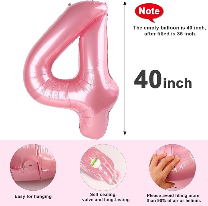 40 Inch Large Numbers Balloon, 4 Pastel Pink Ballon for 4th 14 40 44 Birthday Party, Balloon 4 Number for Graduations Wedding Supplies