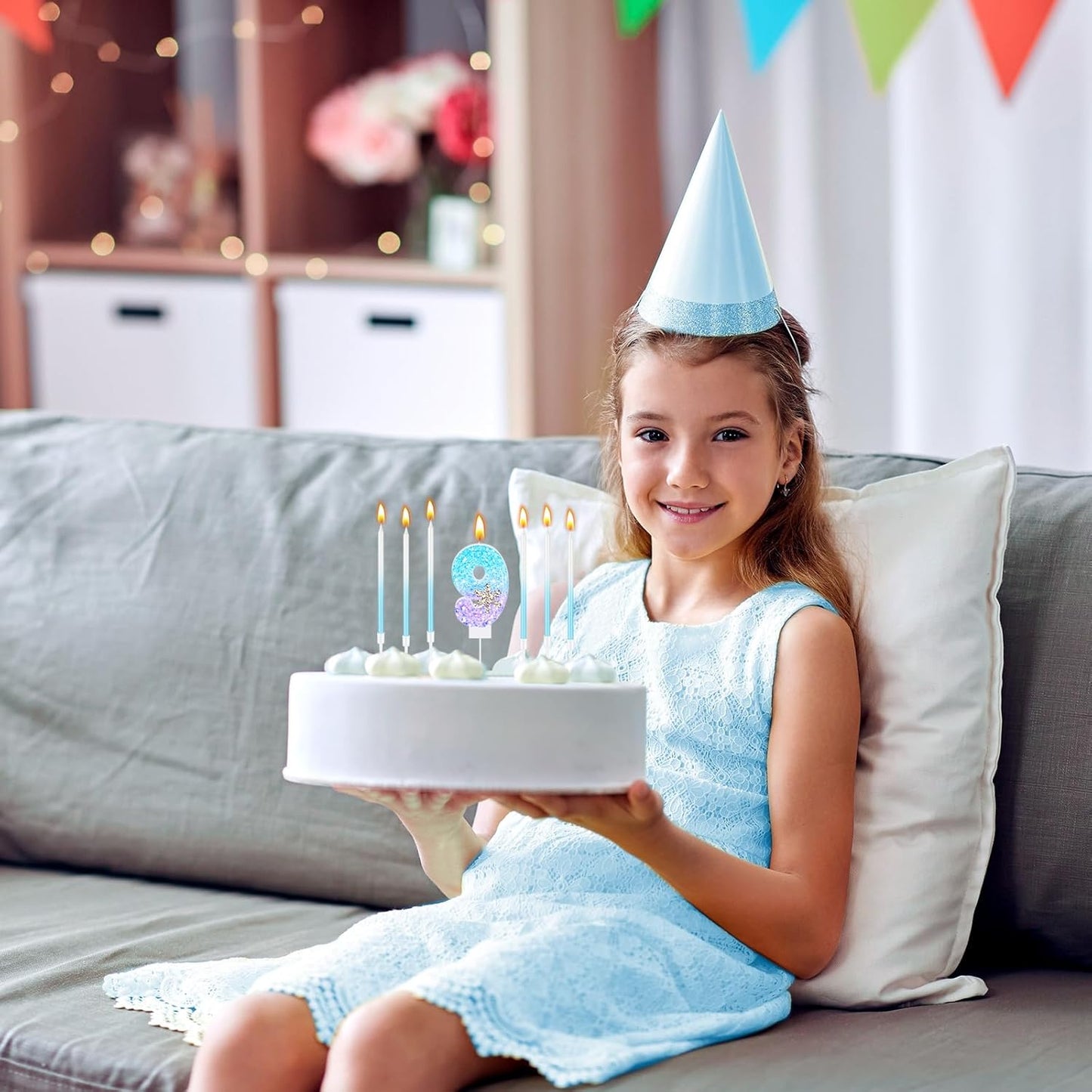 MTLEE Number 9 Birthday Candle Blue Snowflake with 6 Long Thin Cupcake Candles Blue Sparklers Glitter Number Happy Birthday Cake Topper Decorations for Winter Party Supplies