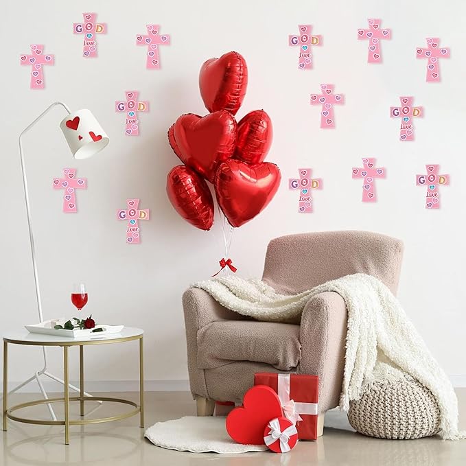 Yewfold 24Pcs Valentine's Day Religious Cross Craft Kit, Valentines DIY Cross Make Your Own 3D Handmade Valentines Christian Crafts, God is Love Church Art Project Activities