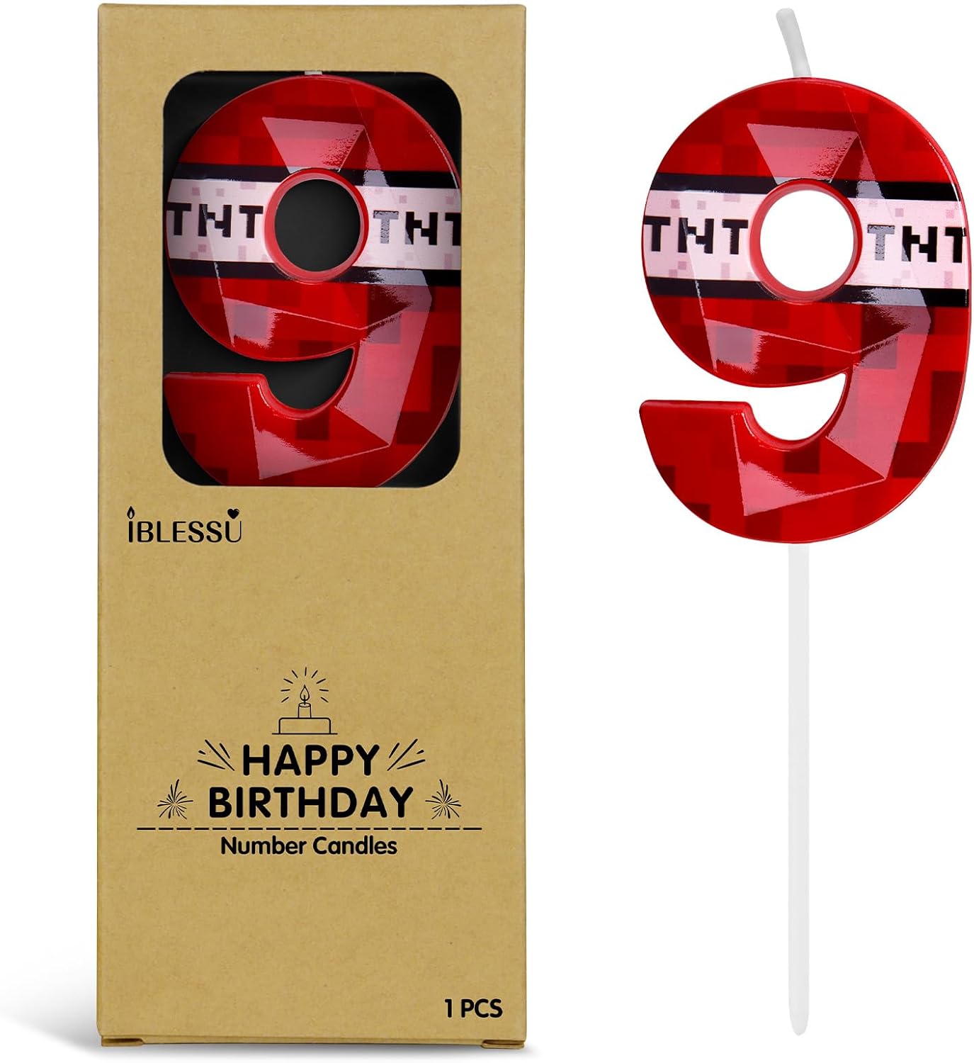 Pixel Birthday Candle, 2.68 Inch Miner Number Candles, Game Themed Candle Birthday Decoration for Pixel Theme Birthday Anniversary Dynamite Video Game Party (Red, 9)
