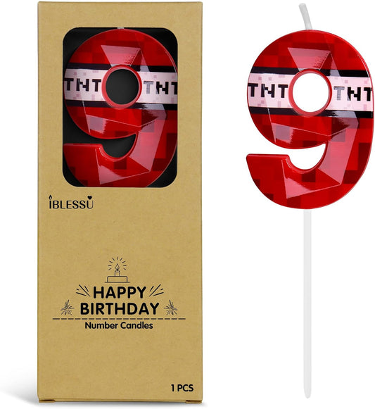 Pixel Birthday Candle, 2.68 Inch Miner Number Candles, Game Themed Candle Birthday Decoration for Pixel Theme Birthday Anniversary Dynamite Video Game Party (Red, 9)