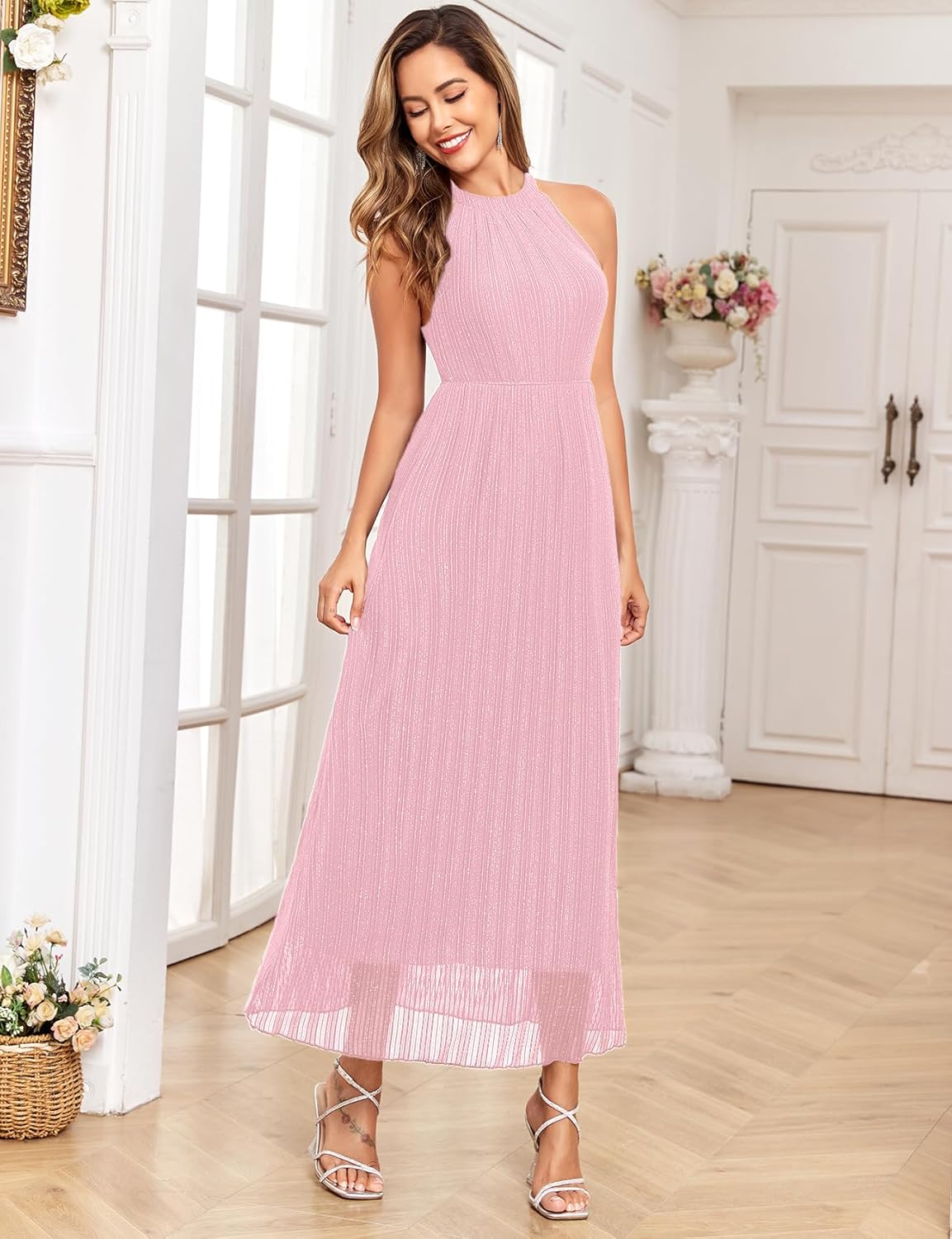 Maternity Sparkly Mesh Dress Halter Neck Sleeveless A Line Pregnancy Dresses Semi Formal Baby Shower Photoshoot
