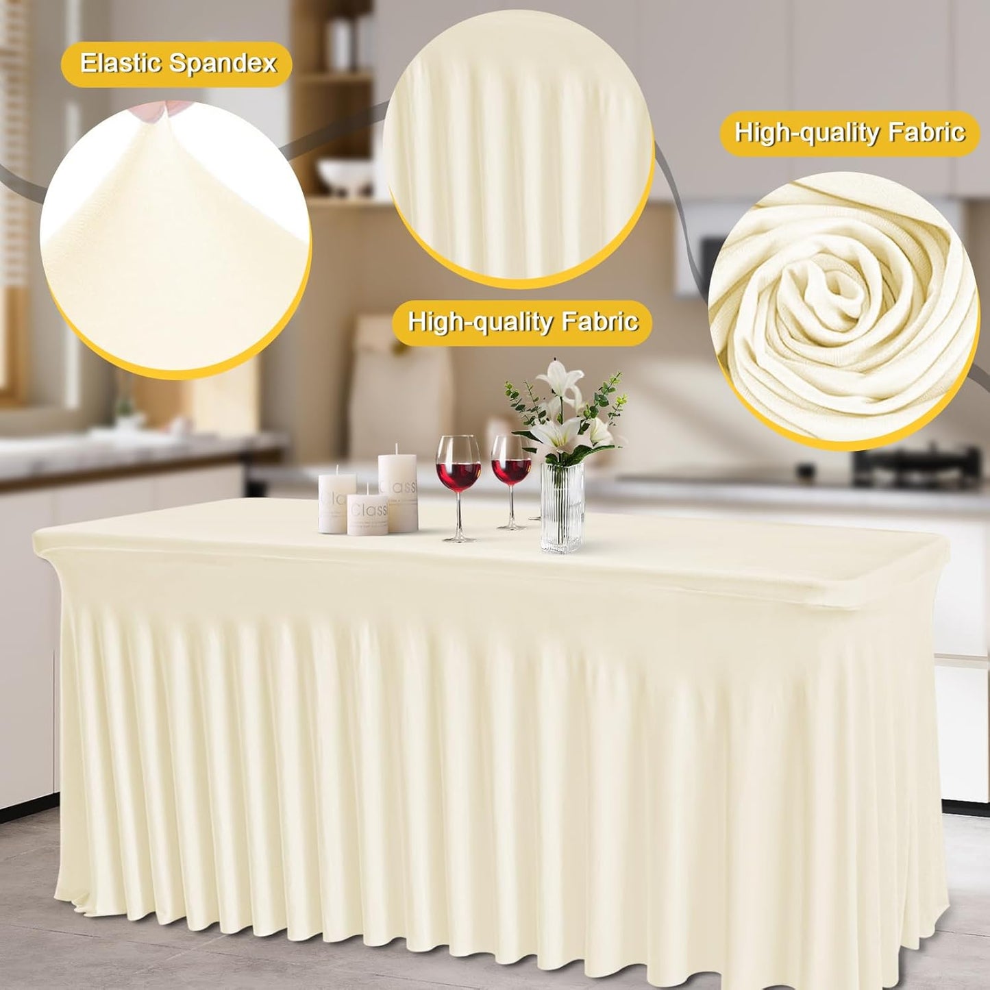JCJ Table Skirt for Rectangle Tables Set of 2 Spandex Fitted Ivory Tablecloths for 6FT Tables, Wrinkle Resistant Ruffles Elastic Table Cover Skirts for Teacher Desk Weddings Banquets Parties