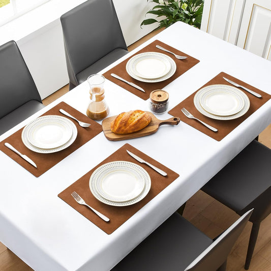 MOSAYT Vinyl Placemats Set of 8-12 X 17 Inch - Fall Faux Leather 100% Waterproof Oil-Proof Wipeable PU Place Mats, Heat Resistant Reversible Table Mats for Kitchen, Dining, Outdoor (Reddish Brown)