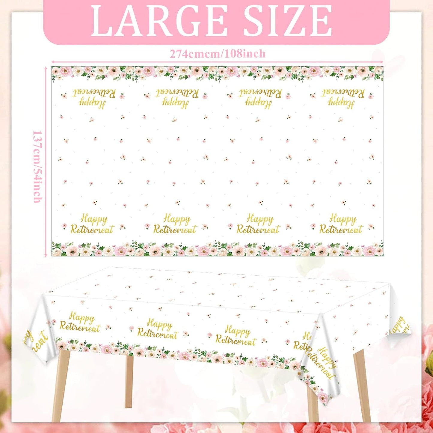 3Pcs Flower Retirement Tablecloths Happy Retirement Party Decorations White Peony Table Covers Pink Gold Floral Plastic Disposable Table Decor for Women Goodbye Going Away Party Supplies 54 x 108 Inch